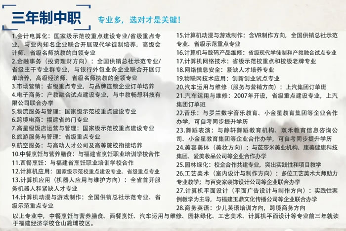 福建经济学校三年制中专专业